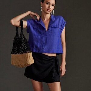 By Anthropologie Cropped Utility Pullover Top in Blue